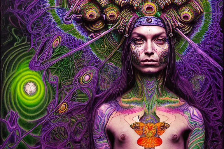 Prompt: psychedelic shaman, green and purple, wearing shipibo tattoos, inside an epic, ancient temple, ayami kojima, greg hildebrandt, mark ryden, hauntingly surreal, eerie vibrating color palette of charlie immer, highly detailed painting by, jenny saville, soft light 4 k