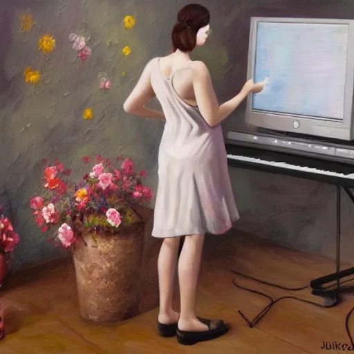 Image similar to oil painting, full room view, skinny female artist back view, dark hair, pale grey babydoll dress with 3d flowers, typing on a computer keyboard facing a giant wall size computer screen