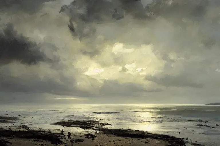 Prompt: painting of estonian coastal landscape, by jeremy mann and greg rutkowski, dramatic, cinematic light, oil on canvas