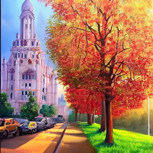 Image similar to Beautiful city of the future in harmony with nature. Nice colour scheme, soft warm colour. Beautiful painting by Lurid. (2022)