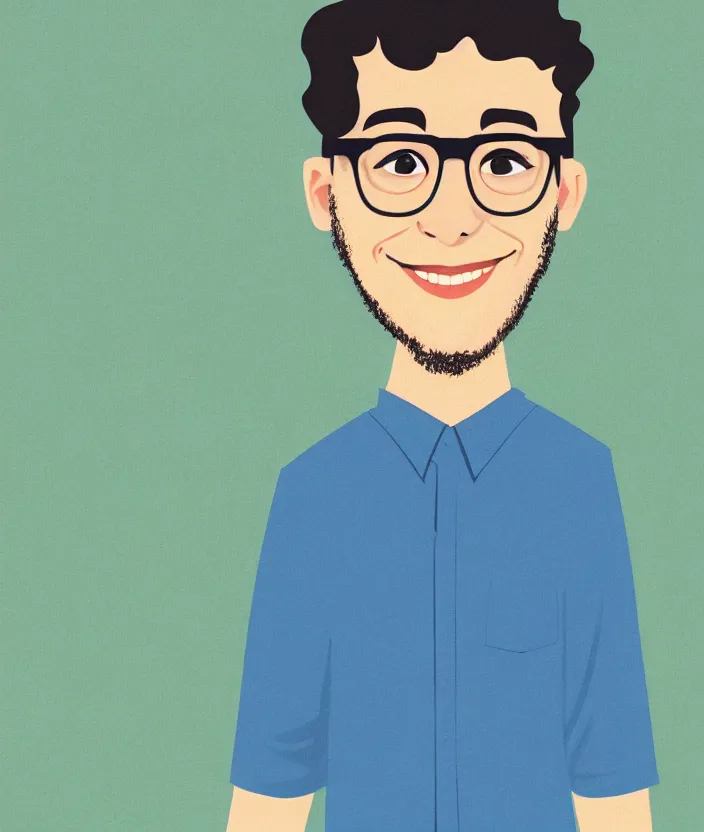 Prompt: jewish young man with glasses, dark short curly hair smiling, illustration in the style of christian robinson