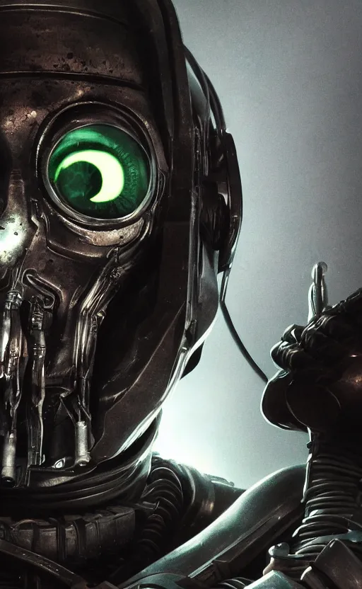 Prompt: a close up sci fi horror quarter - length portrait of mf doom reptile eyes fused into massive wires and wearing sci fi armor, cinematic lighting, smooth, high detail, glowing eyes, studio quality, highly detailed, centered, octane render, by alexandros pyromallis, fog volumes, metal panels, greeble detail, frank frazetta, cgsociety