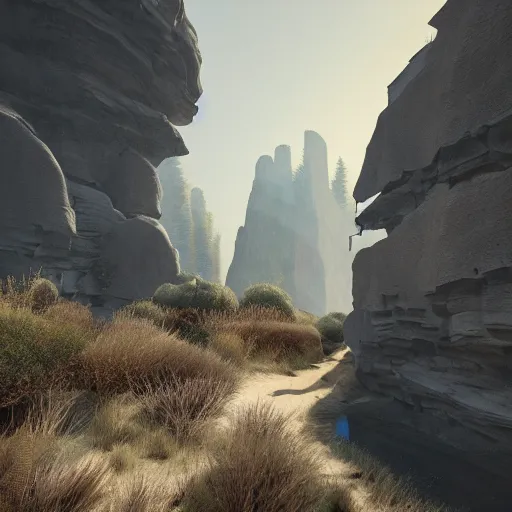 Prompt: pathway canyon in between mountains, mist, dark, unreal engine, high detail, realism, award winning, detailed lighting