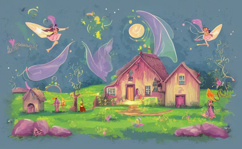 Image similar to magical farmhouse, fairies flying, vector, storybook, muted colors, gouache, flat, sharp edges, print