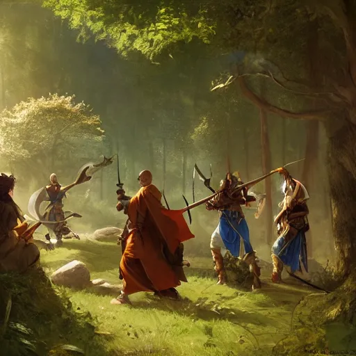 Image similar to 'A monk, bard, druid and a paladin are fighting together in the woods, art by Greg Rutkowski, 4k'