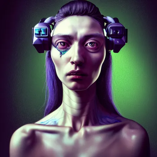 Image similar to Colour Caravaggio style Photography of Beautiful woman with highly detailed 1000 years old face wearing higly detailed cyberpunk VR Headset designed by Josan Gonzalez Many details. . In style of Josan Gonzalez and Mike Winkelmann andgreg rutkowski and alphonse muchaand Caspar David Friedrich and Stephen Hickman and James Gurney and Hiromasa Ogura. Rendered in Blender, volumetric natural light