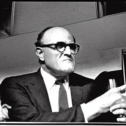 Prompt: wide shot film color photograph of rudy giuliani acting suspiciously while present during the Zapruder film November 22, 1963, Dallas, TX