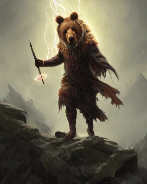 Image similar to oil painting of Anthropomorphized Bear Sorcerer casting spell, magical runes flying, wearing fur cloak, sharp focus, lightning storm background, magical aura, evil, heroic pose, fantasy style, octane render, volumetric lighting, 8k high definition, by greg rutkowski, highly detailed, trending on art Station, magic the gathering artwork, Thunderstorm background, centered, dramatic artwork