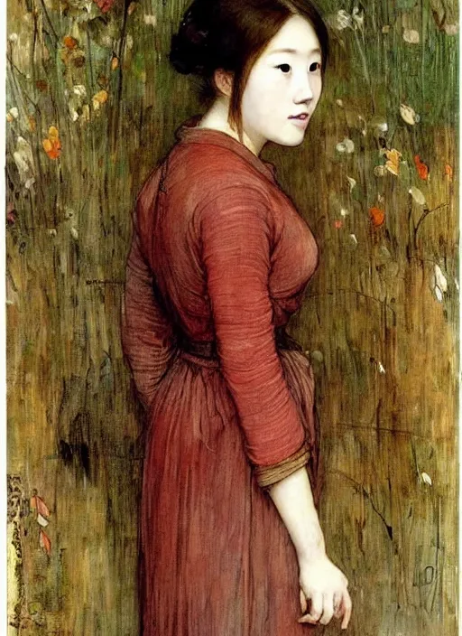 Image similar to a portrait of a 20 year old Asian woman with ginger hair and a witty expression wearing a traditional silk dress with very long sleeves fantasy art By John William Waterhouse