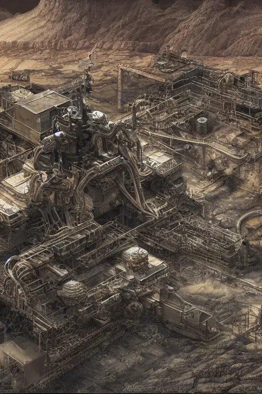 Image similar to industrial minning plant in a quarry in the middle of the desert of Mars planet concept art by yoshitaka amano and H.R. Giger, intricate detail, 8k, featured art