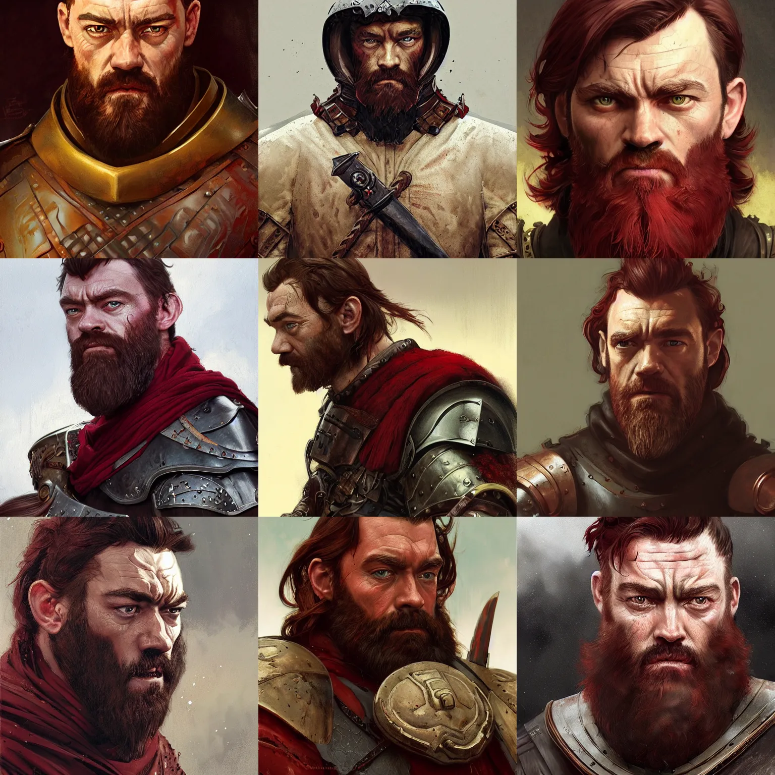 Prompt: dark red-haired and bearded emperor, marton csokas, medieval armor, painted character portrait, highly detailed, digital painting, artstation, concept art, sharp focus, illustration, art by artgerm and greg rutkowski and alphonse mucha