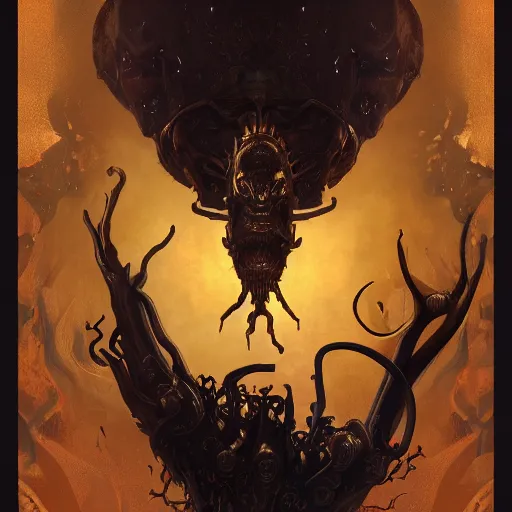Image similar to bold simple lifelike humanoid illustration of close low angle view of an ornate obsidian gothic violin interior with gold spidery embellishments, night, smoke, ground fog, by peter mohrbacher, by frank frazetta, by vincent di fate, large depth of field, super detailed, digital art, trending on artstation, ornate