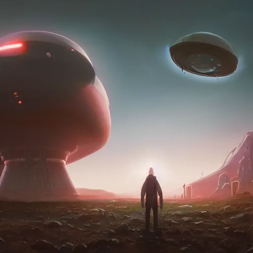 Prompt: a digital painting of a person looking up at a gigantic big enormous ufo spaceship in the sky on earth concept art by simon stalenhag and peter mohrbacher cgsociety, speedpainting, apocalypse art. unreal engine. hyper - realistic. photo realistic. 3 d render. octane render. detailed masterpiece. extreme wide shot.