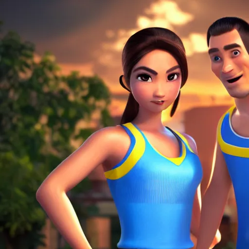 Image similar to young beautiful athletic Filipino woman with long hair standing beside a handsome caucasian athletic thin man with very short buzzed thinning hair, stubble beard on his face, blue eyes, they are posing, depicted as adult Pixar characters, high quality cg render, 4k