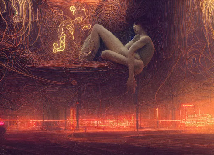 Image similar to A kitche, neon, RGB, glowing wires everywhere, by Edgar Maxence and Ross Tran, Zdzisław Beksiński, and Michael Whelan, distant, gustav dore, H.R. Giger, 8k, octane render