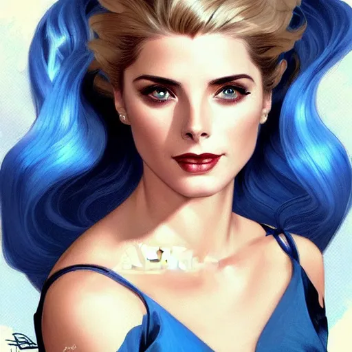 Image similar to Ashley Greene's face combined with Grace Kelly's face with blue hair as Bat Girl, western, D&D, fantasy, intricate, elegant, highly detailed, digital painting, artstation, concept art, matte, sharp focus, illustration, art by Artgerm and Greg Rutkowski and Alphonse Mucha