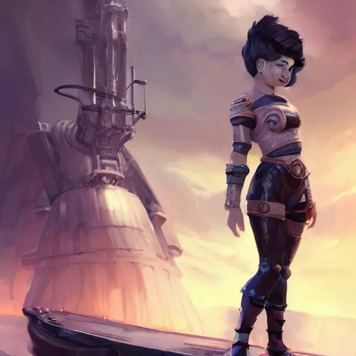 Image similar to beautiful muscular charming female gnome engineer, cryogenic arms, short black pixie undercut hair, standing on ship deck, naval background, intricate, fantasy magic, highly detailed, full body, wide angle portrait, digital painting, artstation, smooth, sharp focus, great composition, illustration, art by Greg Rutkowski, trending on artstation