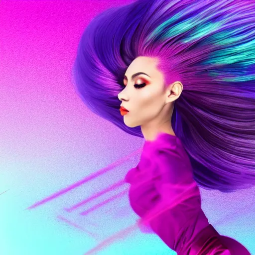 Image similar to a award winning full body shot of a beautiful woman in a croptop with a ombre purple pink teal hairstyle with head in motion and hair flying, outrun, vaporware, vivid colors, highly detailed, fine detail, intricate