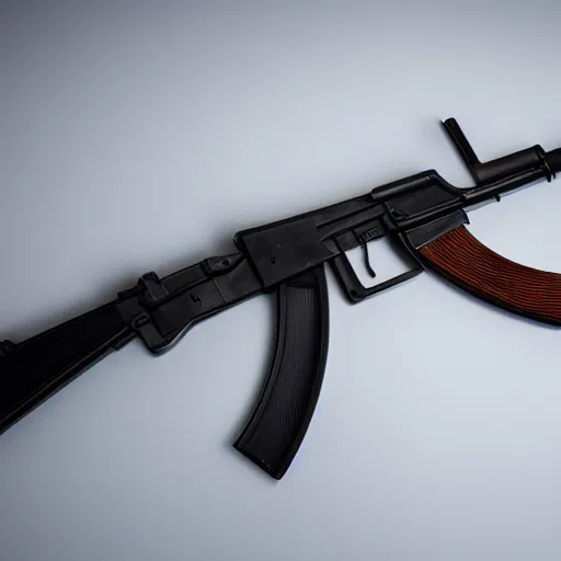 Image similar to A medium shot photograph of an AK-47 against a white background, 4k, ultra HD