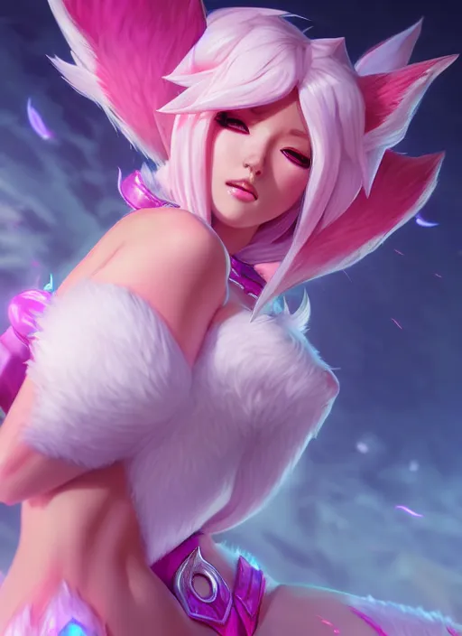 Image similar to ahri, from league of legends, pink heart skill, hyper detailed, digital art, trending in artstation, cinematic lighting, studio quality, smooth render, unreal engine 5 rendered, octane rendered, art style by klimt and nixeu and ian sprigger and wlop and krenz cushart