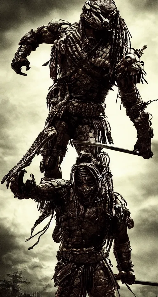 Image similar to predator movie film poster art for hiroyuki sanada as samurai verses predator. in the style of ansel adams, frank frazzetta, realistic, detailed, octane