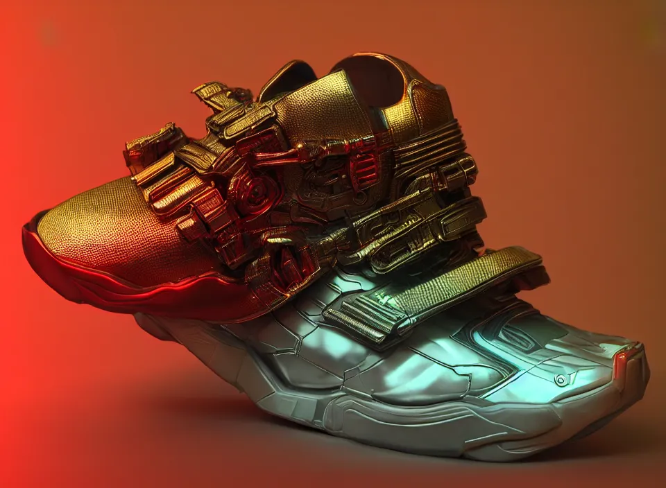 Image similar to realistic 3 d render of a cyberpunk android sneaker, beautiful studio lighting, soft, sharp focus, neon cyberpunk highlights, intricate detail, gold and red accents, soft rubber, octane render, side view, close up, trending on artstation, deviantart, issey miyake, lloyd wright, feng zhu