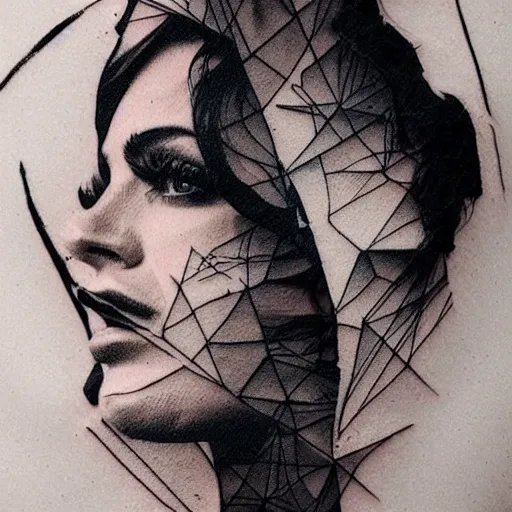 Image similar to double - exposure tattoo sketch of megan fox blended in beautiful mountains shape, in the style of dan mountford