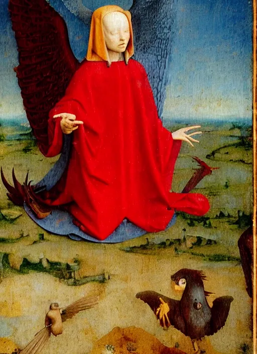 Image similar to fallen angel dressed in red with wings by Jan van Eyck, Hieronymus Bosch, Johannes Vermeer 4k post-processing, highly detailed medieval painting