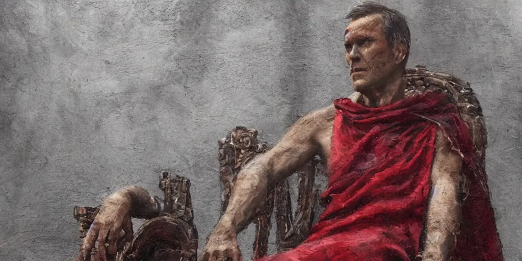 Image similar to the end is near. a tired julius caesar is sitting on his throne. face is highly detailed. splices of red are running down his toga. mist. color scheme red. low angle medium shot. imagined by jeremy lipking