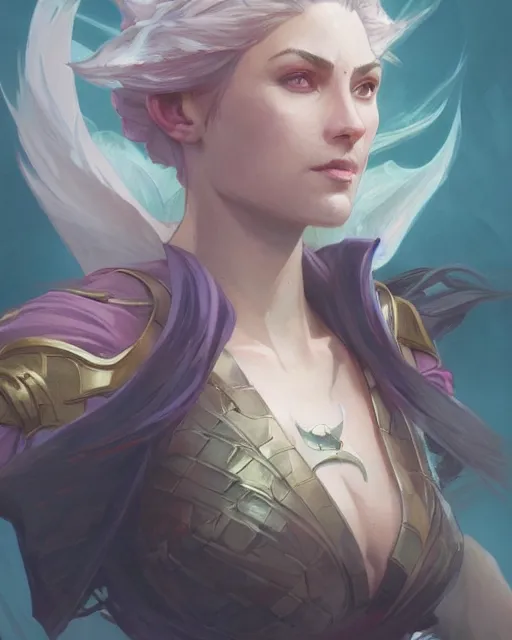 Image similar to '' Portrait of Half-Dragon character, league of legends, LOL, fantasy, d&d, digital painting, artstation, concept art, sharp focus, illustration, art by greg rutkowski and alphonse mucha ''