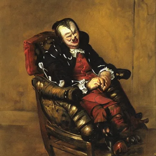 Image similar to a jester slumped over in an armchair, dark lighting, oil painting, by jan matejko