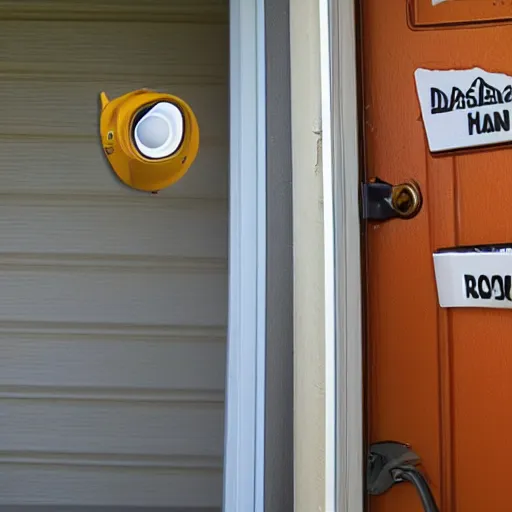 Prompt: fisheye view of dinosaur stealing packages, ring doorbell view