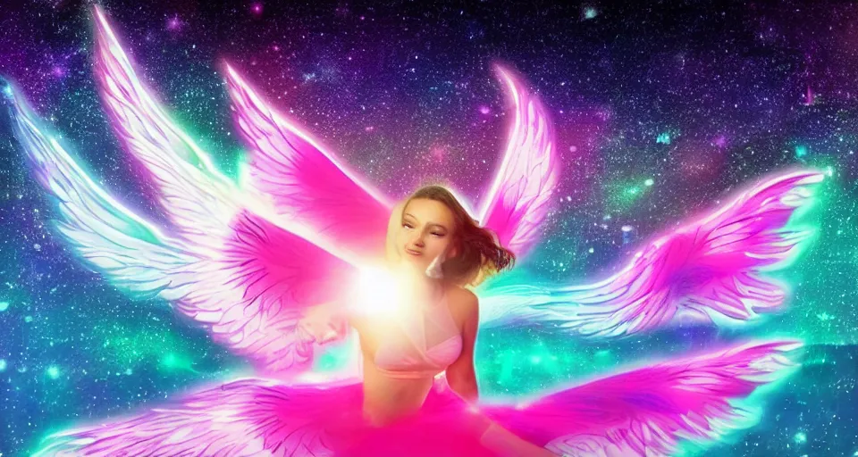 Prompt: a beautiful angel floating in space with neon wings