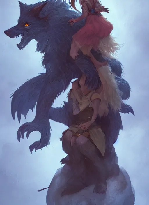 Prompt: a small girl mage sitting on the shoulder of a werewolf guardian, ultra detailed, fantasy, dramatic lighting, trending on artstation, award - winning, artgerm and greg rutkowski, 8 k