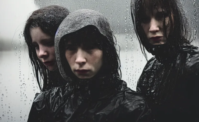 Image similar to cinestill 5 0 d candid photographic portrait by helen levitt of two loving female androids wearing rugged black mesh techwear in treacherous waters, extreme closeup, modern cyberpunk moody depressing cinematic, pouring rain, 8 k, hd, high resolution, 3 5 mm, f / 3 2, ultra realistic faces, ex machina