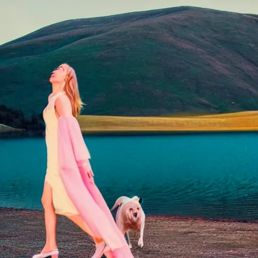 Prompt: a beautiful girl wearing white dresses beautiful face, clear facial features, walking with a dog, john martin landscape lake evening, pastel pink and blue colors