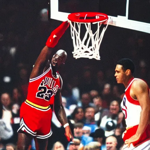 Image similar to michael Jordan as superman dunking a basketball