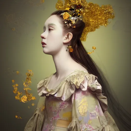 Image similar to 8k, octane render, realism, tonalism, renaissance, rococo, baroque, portrait of a young lady wearing long harajuku manga dress with flowers and skulls, background chaotic gold leaf flowers