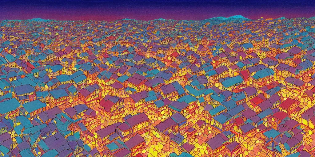 Prompt: a colorful and beautiful painting, a close-up view of a japanese town at dusk, by Laurie Greasley, artstation, Studio Ghibli color scheme