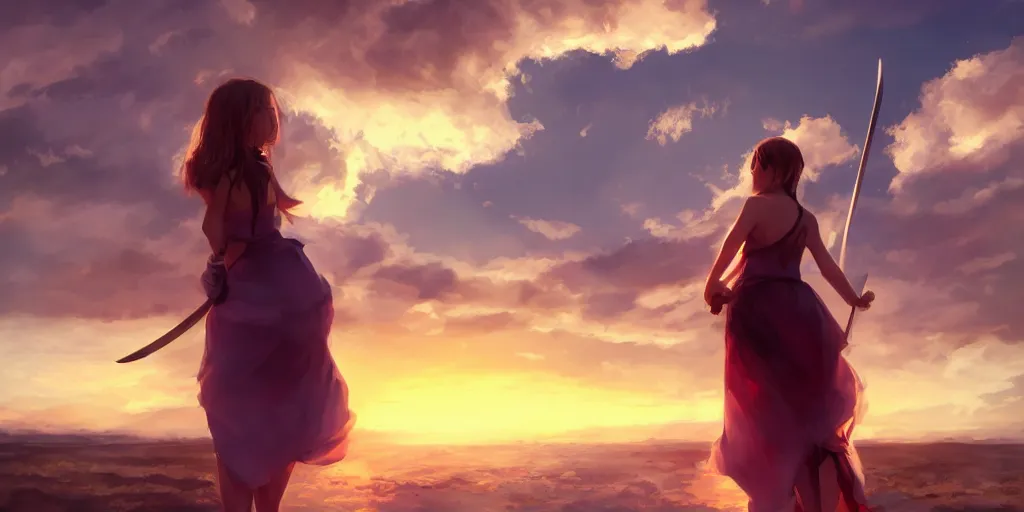 Image similar to back shot of one beautiful girl in sundress gazing back, holding two swords, digital art by wlop. artstation contest winner, cinematic paint. lower shot. dramatic cloud in background. sunset