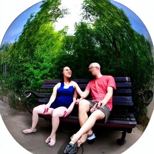 Prompt: a couple sitting on a park bench, fish-eye