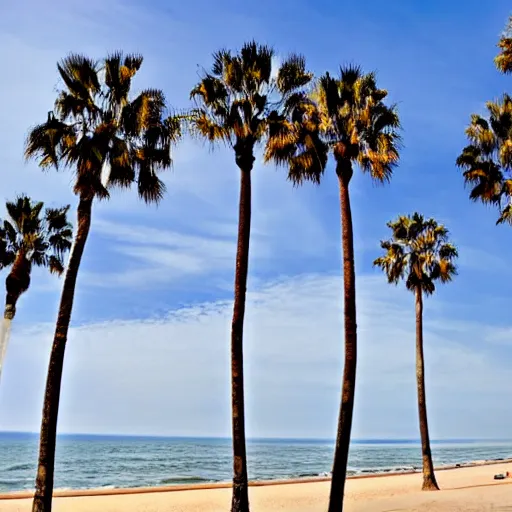 Image similar to a line of palm trees floating in sky over a santa monica beach, line of palm trees floating in sky recedes into distance, line of palm trees floats upright into blue sky, california