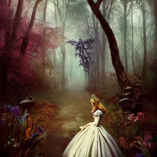 Image similar to Alice in Wonderland, Alice, victorian dress, Alice staring into the distance, surreal forest, painted by seb mckinnon, high detail, digital art, trending on artstation