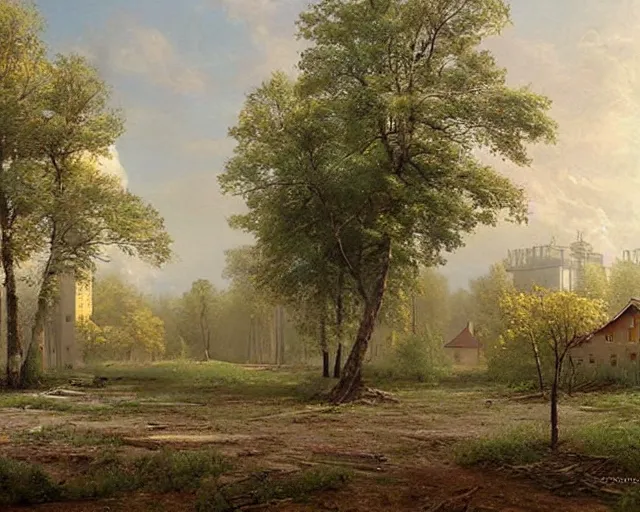 Image similar to beautiful matte painting of cute soviet block of flats hrushevka in end of forest by ivan shishkin