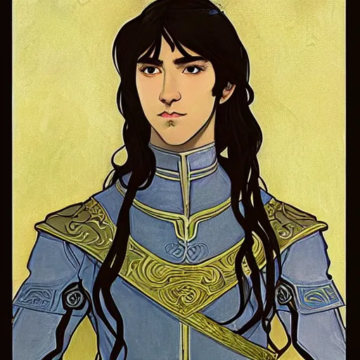 Image similar to portrait painting of young handsome beautiful paladin elf!! man with long! wavy dark hair in his 2 0 s named taehyung minjun at the blueberry party, wearing armor!, long hair, elf ears, blue eyes, blueeyes!, elegant, delicate, soft facial features, art, art by alphonse mucha, vincent van gogh, egon schiele,