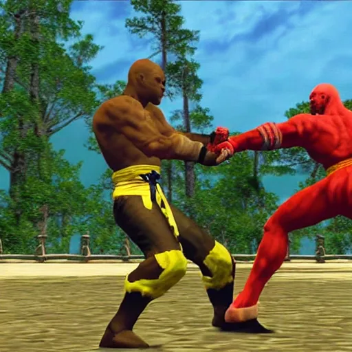 Prompt: fight screenshot of anderson silva vs yoshimitsu in tekken, detailed anderson silva face texture, ps 1 graphics, low poly, texture warp, pixel aliasing, fighting game in forest, sd video, tekken 1 playstation, health bar hud