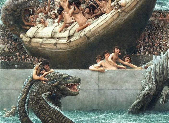 Image similar to godzilla attacking the raft of the medusa, painting by lawrance alma - tadema, 4 k, hyper - realistic, highly detailed