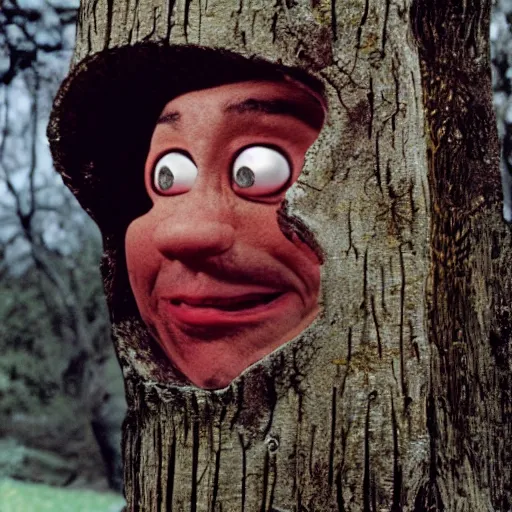 Image similar to gilbert gottfried face on a tree stump, film still