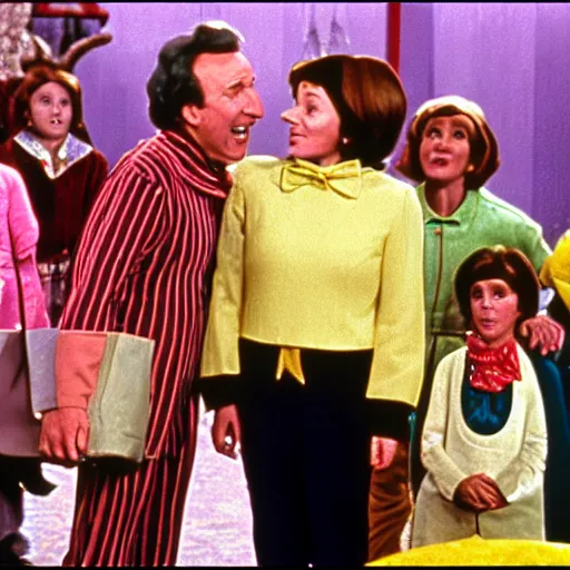 Image similar to a frame from the movie willy wonka and the chocolate factory, starring nancy pelosi and tim allen