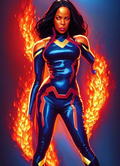 Image similar to full body portrait of marvel cinematic universe aaliyah haughton, x - men, jean grey, elegant, fire, phoenix, rippling electromagnetic, highly detailed!! digital painting, artstation, glamor pose, concept art, sharp focus, illustration, art by artgerm and greg rutkowski, artey freytag